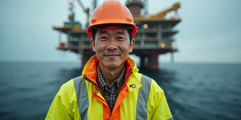 Smiling Engineer in High-Visibility Jacket and Hard Hat, Offshore Oil Rig in Background