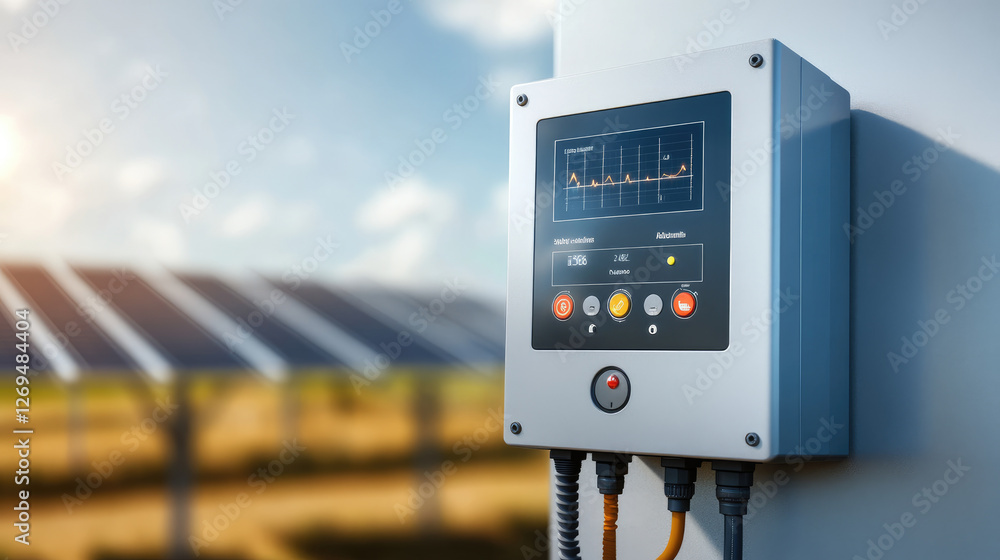 Poster monitoring solar energy production solar farm device interface open field close-up view renewable en