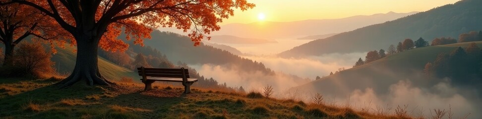 Misty dawn valley scene with wooden bench and table, valley, autumnal landscape