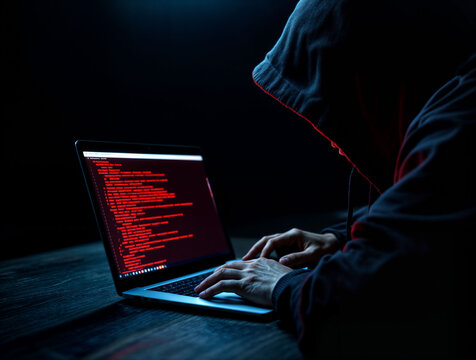Hacker wearing a hoodie, typing on a laptop in a dark room with red code on the screen