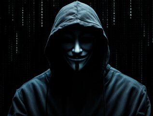 Shadowy figure surrounded by lines of encrypted code, symbolizing anonymous hackers.