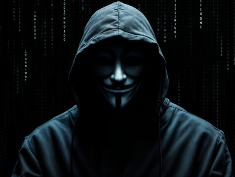 Shadowy figure surrounded by lines of encrypted code, symbolizing anonymous hackers.