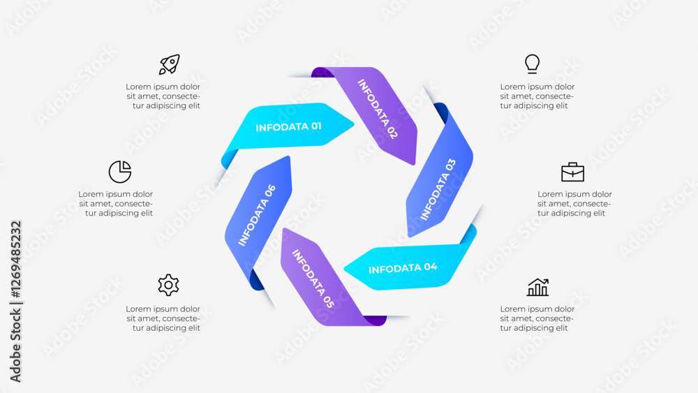 Poster Six Arrows Steps Infographic Chart with Icons and Descriptive Text Layout