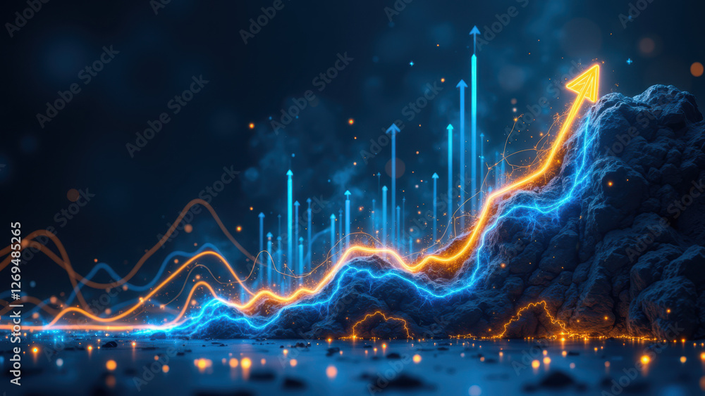 Poster a dynamic digital illustration representing financial growth with a mountain-like structure of ascen