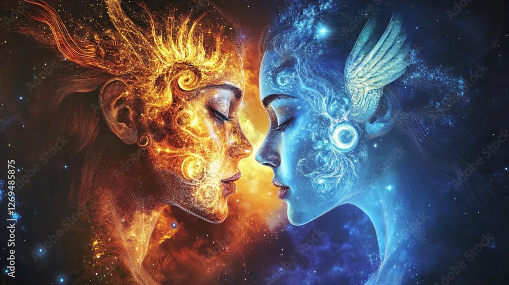 Poster two celestial beings with closed eyes, one made of fire and the other of ice, facing each other in a