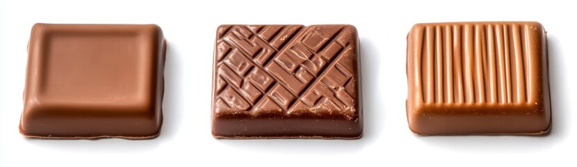 Obraz premium Three square chocolate candies on a white background, each with a different texture smooth, cross hatched, and lined. Rich brown and milk chocolate