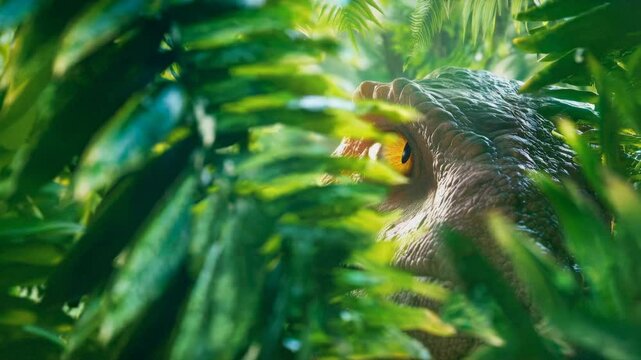 Amber eye pierces through dense foliage. Prehistoric hunter conceals itself behind tropical leaves as sunlight filters through canopy. Static macro shot.