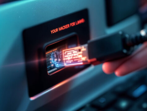 USB device being inserted into a computer, launching a hacking program.