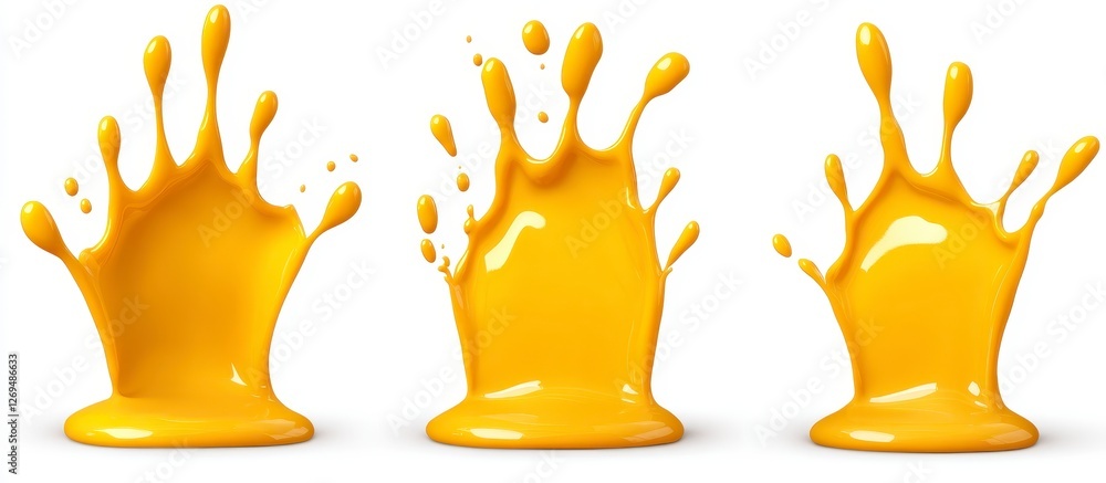 Poster three vibrant yellow liquid splashes against a white background. each splash displays dynamic moveme