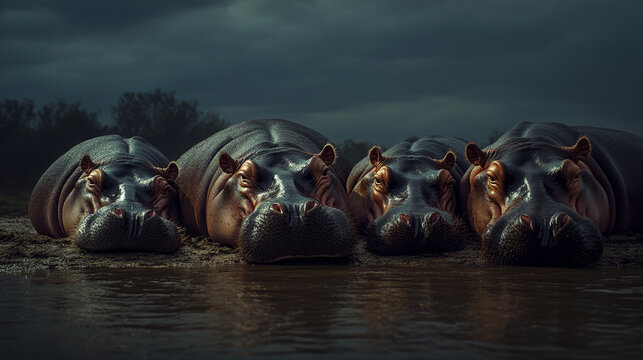 Enjoying a tranquil gathering of hippos beside a calm river on National Napping Day