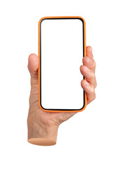 Elderly female hand holding a smartphone with an orange case and blank screen. Wrinkled fingers gripping the device, showcasing technology, app display, or advertising. Isolated on white background.