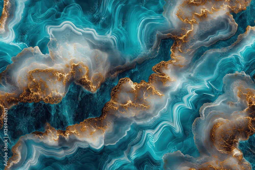 Poster seamless larimar abstract design featuring swirling patterns of turquoise, white, and gold. the flui