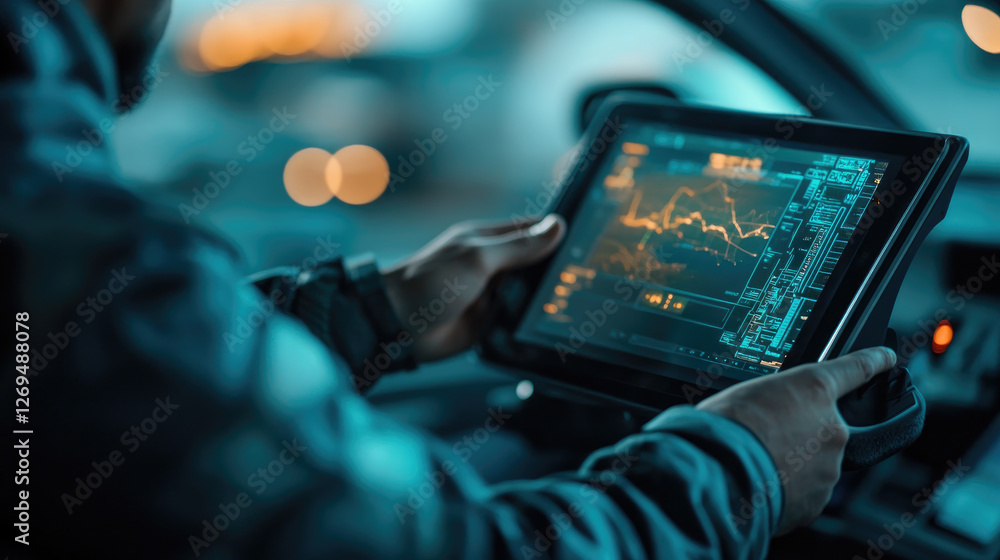Poster analyzing data through a tablet in a vehicle urban environment digital technology close-up perspecti