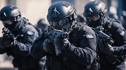 Obraz premium Armed tactical team aiming weapons aggressively outdoors.