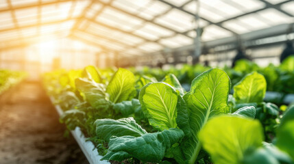 Growing fresh lettuce in a greenhouse urban farming techniques horticultural practices natural light environment close-up view sustainable agriculture concept