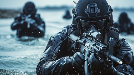 Navy seal team attacking from water with rifles
