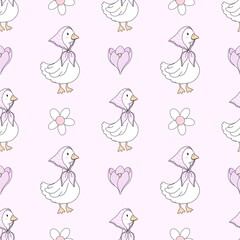 Vintage Cottagecore Goose Pattern with Floral Elements – Soft Pastel Aesthetic. Silly goose. Aesthetic print . Ideal for fabric,scrapbooking,banner , card, wrapping paper.