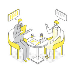打ち合わせをしているビジネスマンと女性のアイソメトリックイラスト