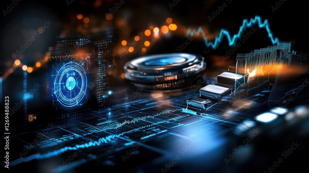 Poster analyzing data trends digital workspace infographic visualization futuristic environment close-up te