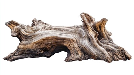 Weathered tree stump, isolated on white, rustic texture, nature background, design element