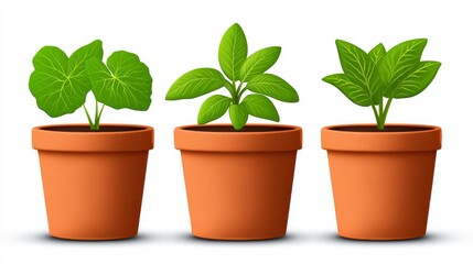 Fototapeta premium Three potted plants with green leaves, illustrated in terracotta pots against a white background. The plants vary slightly in leaf shape and size