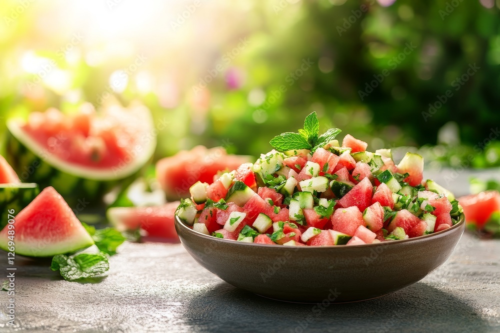 Poster refreshing watermelon salad with mint and cucumber in bright setting