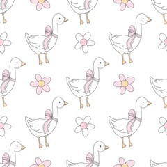 Vintage Cottagecore Goose Pattern with Floral Elements – Soft Pastel Aesthetic. Silly goose. Aesthetic print . Ideal for fabric,scrapbooking,banner , card, wrapping paper.