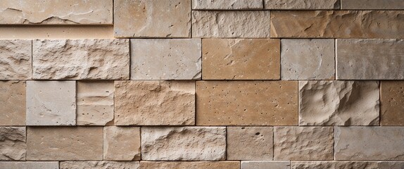 a close-up view of a textured stone wall. The layout consists of rectangular stone tiles arranged in a staggered pattern. The stones vary in color from light beige to a slightly darker tan, with visib
