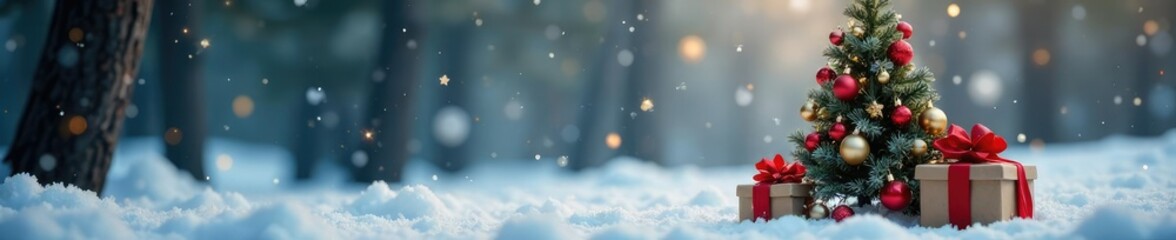 Small decorated Christmas tree with ornaments and ribbons in a snowy forest, christmas trees, packages, ribbons