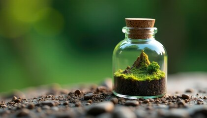 Small glass bottle with a miniaturized geological formation, terrain, landforms
