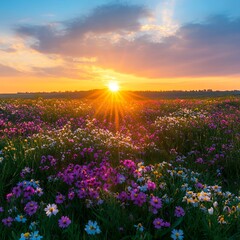Obraz premium Vibrant Sunset over a Field of Colorful Wildflowers Serene Summer Nature Scene
