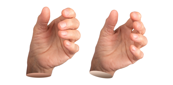 Elderly female hand in a grasping gesture, fingers slightly curled as if holding an invisible object. Wrinkled skin and red nails emphasizing age and expression of control or offering. Isolated on