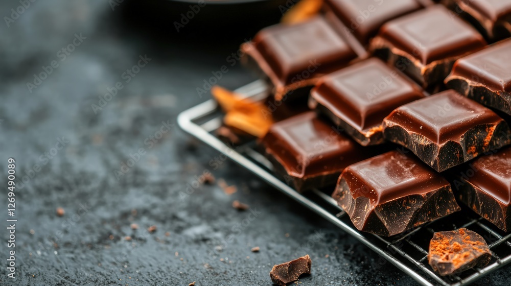Poster close-up of a plate piled with assorted chocolate bars and pieces arranged neatly on a white backgro
