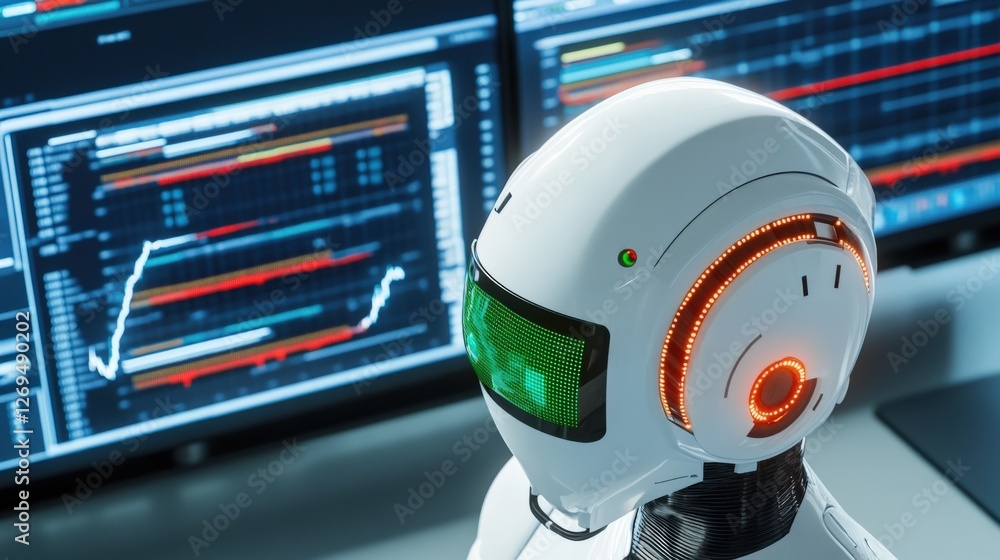 Poster robotic innovation in data analysis tech lab digital art futuristic environment aerial view artifici