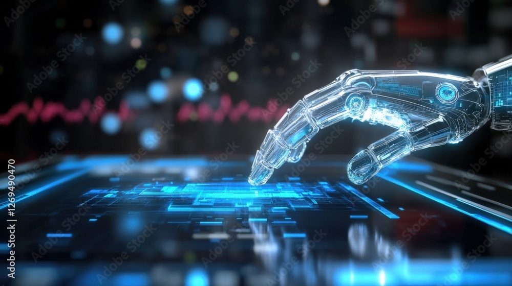 Poster futuristic robotic interaction digital environment technology illustration virtual space close-up vi