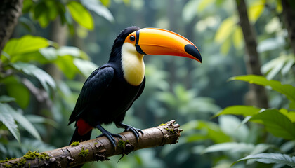 Toucan tropical bird sitting on a tree branch in natural wildlife environment in rainforest jungle