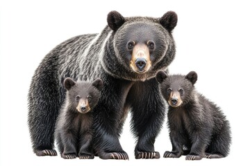 Fototapeta premium Mother Bear and Her Two Cubs Pose Against White Background