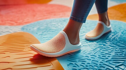 Woman strolling in comfortable orange and white shoes at a vibrant playground