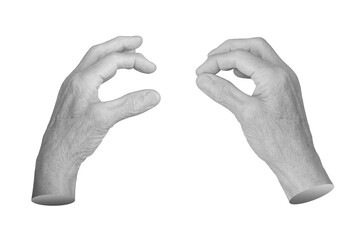 Elderly female hand in a pinching gesture, fingers delicately holding something tiny or invisible....
