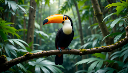 Obraz premium Toucan tropical bird sitting on a tree branch in natural wildlife environment in rainforest jungle