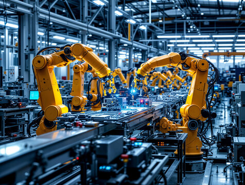 modern smart factory with automated robotic arms assembling products.