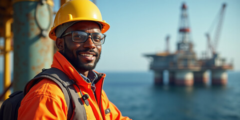 Smiling Male Oil Worker in Safety Gear on Offshore Platform with Ocean Backdrop