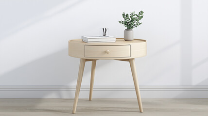 Minimalist round side table with drawer, plant, and books