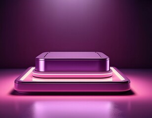 Futuristic lilac room with square neon lilac podium and light effect. 3D space with empty scene. Product demonstration stage, glare, reflection, glow, copy space.