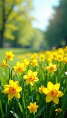 Obraz premium Sunny meadow with blooming daffodils and narcissus flowers, wildflowers, field, sunny