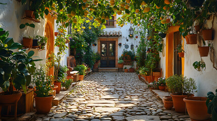 A picturesque Mediterranean courtyard adorned with potted plants, cobblestone paths, and a warm rustic atmosphere
