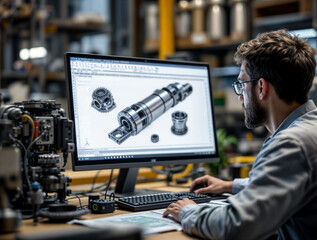 mechanical engineer designing complex machine parts on software.