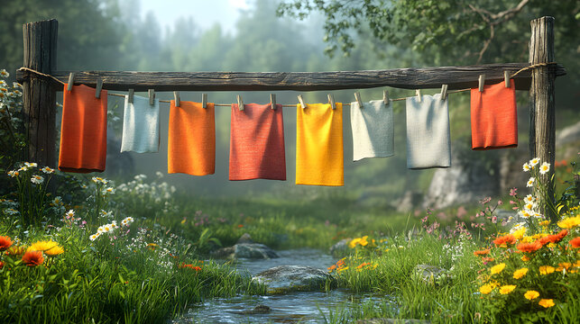 A peaceful countryside scene with a wooden clothesline hanging colorful linen towels over a gentle stream, surrounded by lush wildflowers and nature