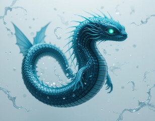 Fototapeta premium Baby Leviathan Emerging from a Misty Ocean with Bioluminescent Eyes