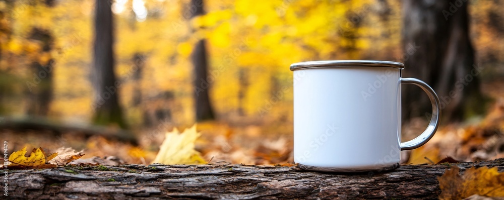 Aufkleber white enamel mug with a silver rim sits on a log in the forest, surrounded by colorful autumn leaves